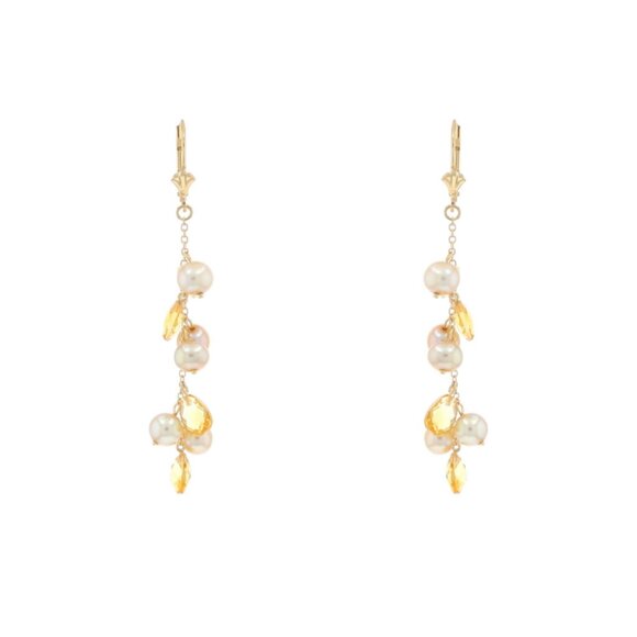 Yellow Gold Cultured Pearl Citrine Dangle Earrings - 14k Pierced